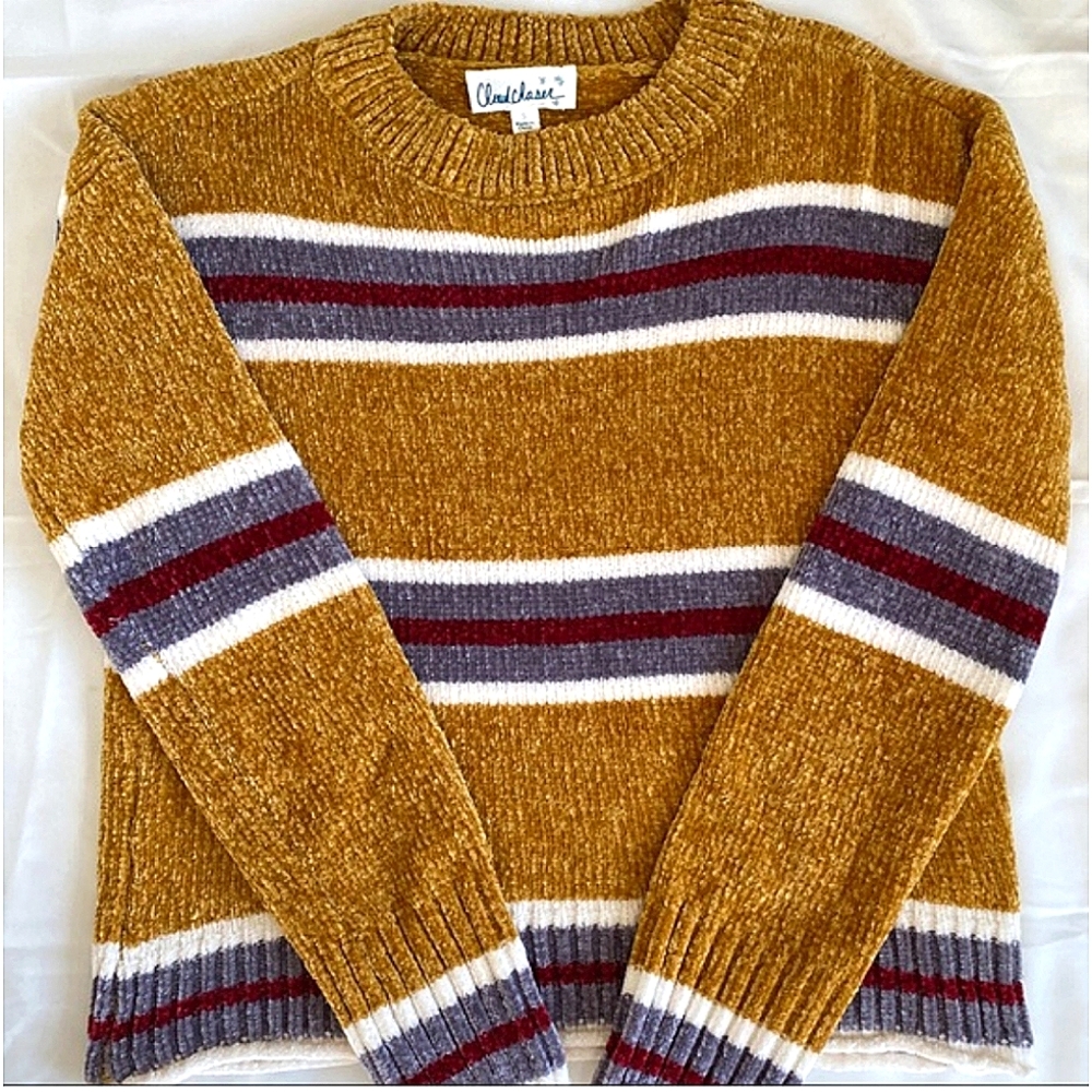 Mustard Sweater Pullover Long Sleeve Short Top Striped Size Large